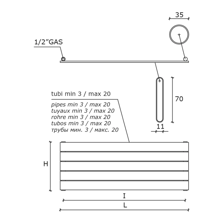 Single Hydraulic Radiator in Black Carbon Steel Made in Italy - Ciro Viadurini