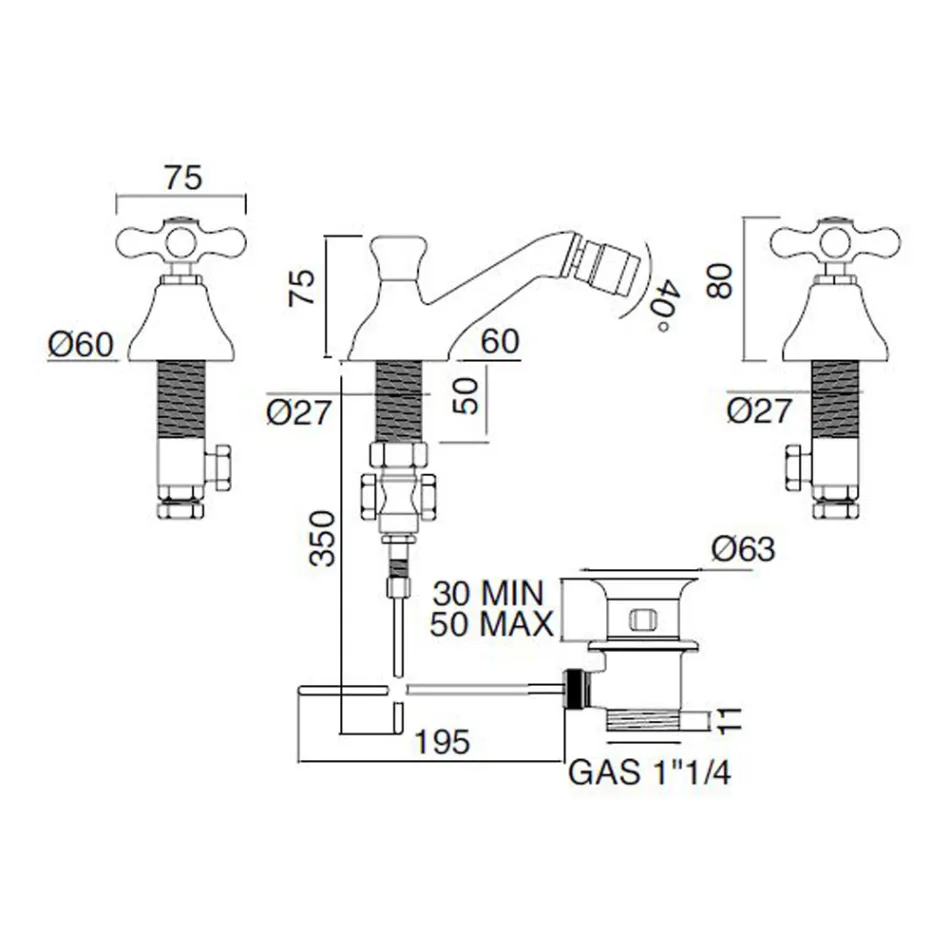 Classic 3 Hole Bidet Tap with Brass Waste Made in Italy - Ercolina Viadurini
