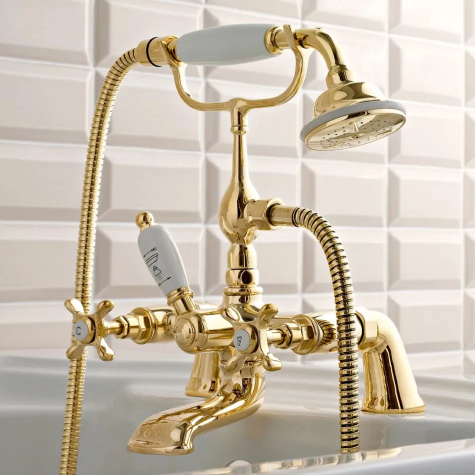 Brass Bathtub Edge Faucet with Luxury Classic Style Hand Shower - Fioretta Viadurini
