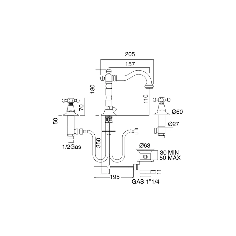 Vintage Design 3 Hole Basin Tap in Brass Made in Italy - Ursula Viadurini