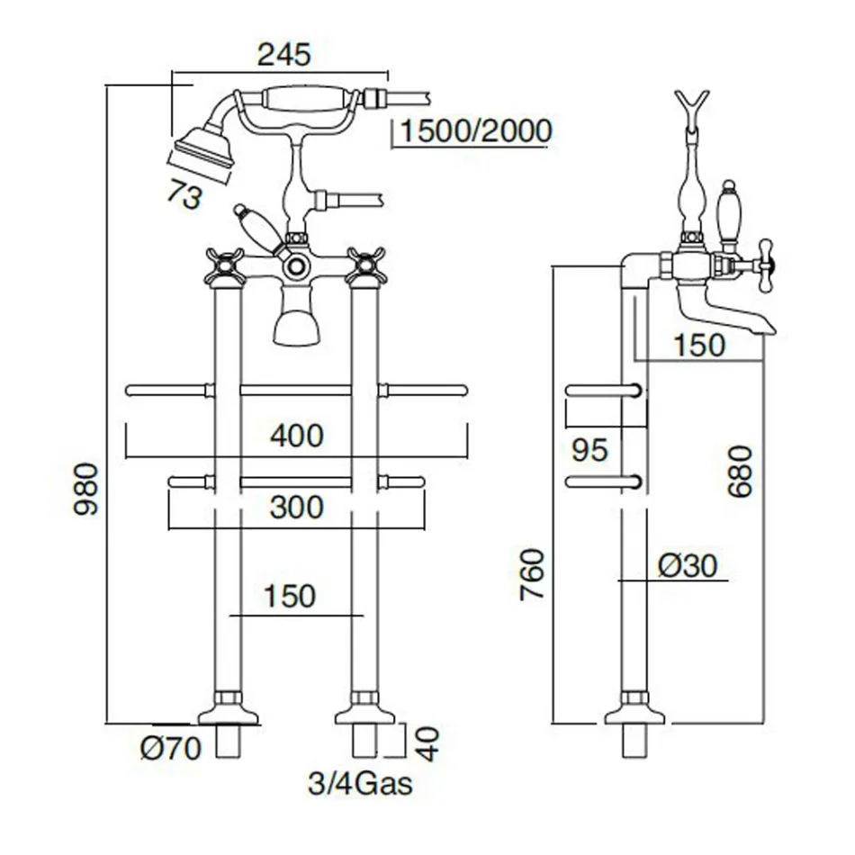 Brass Floor Standing Classic Bathtub Faucet with Hand Shower - Fioretta Viadurini