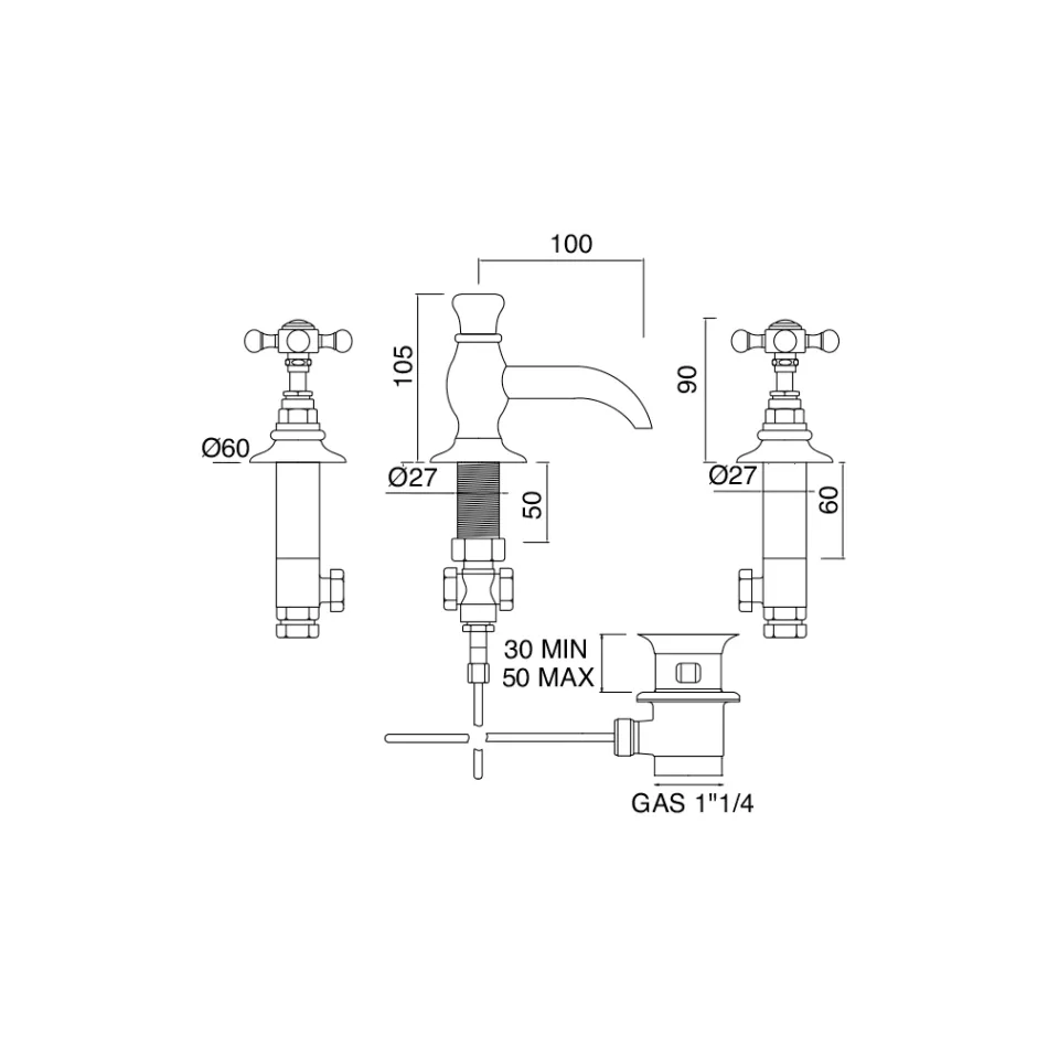 Vintage 3-Hole Basin Tap in Vintage Brass Made in Italy - Elisea Viadurini