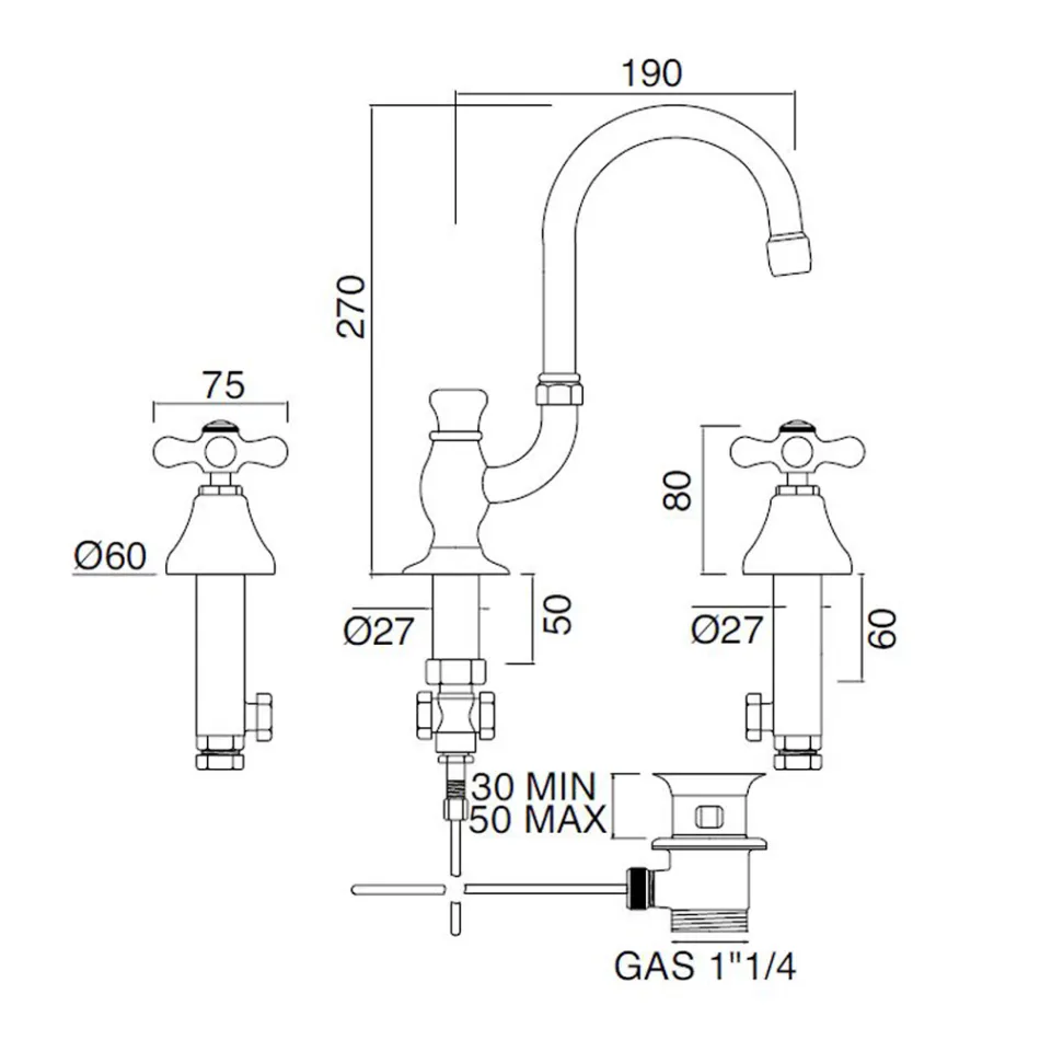 3 Hole Bathroom Sink Tap in Brass with High Spout and Drain - Ercolina Viadurini
