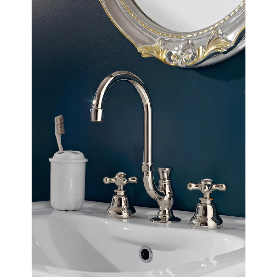 3 Hole Bathroom Sink Tap in Brass with High Spout and Drain - Ercolina Viadurini