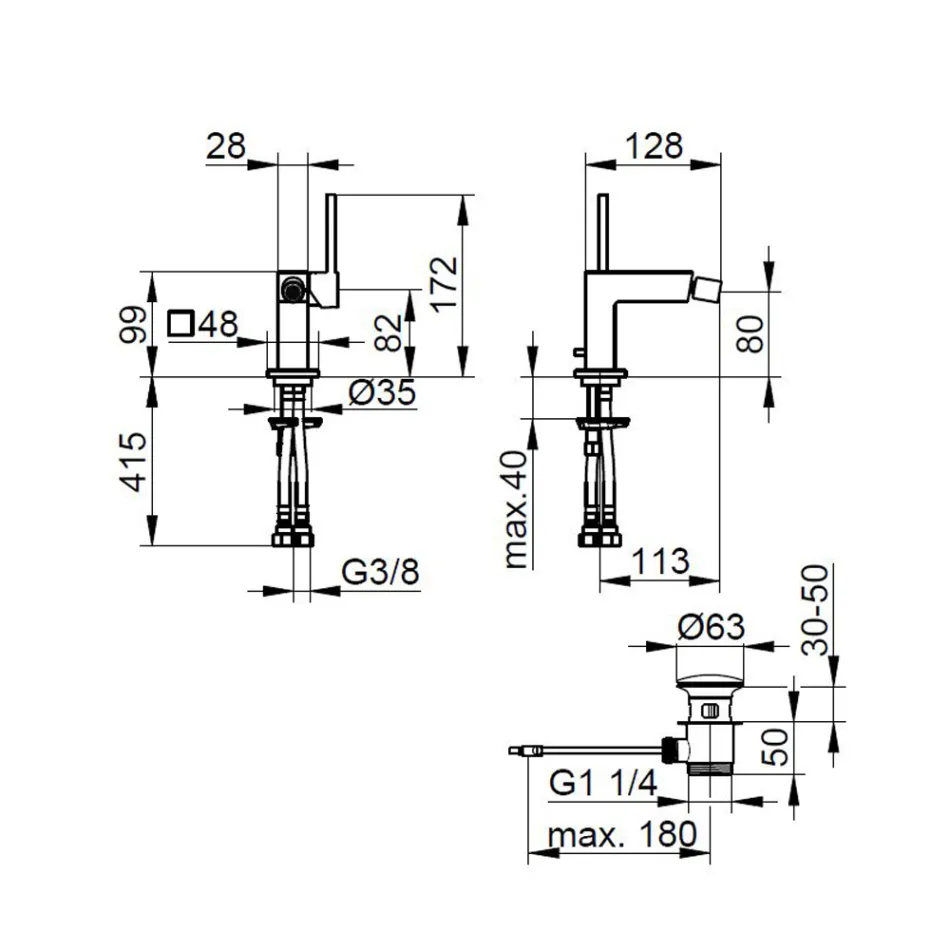 Bidet Single Lever Mixer Tap with Squared Design Drain - Erik Viadurini