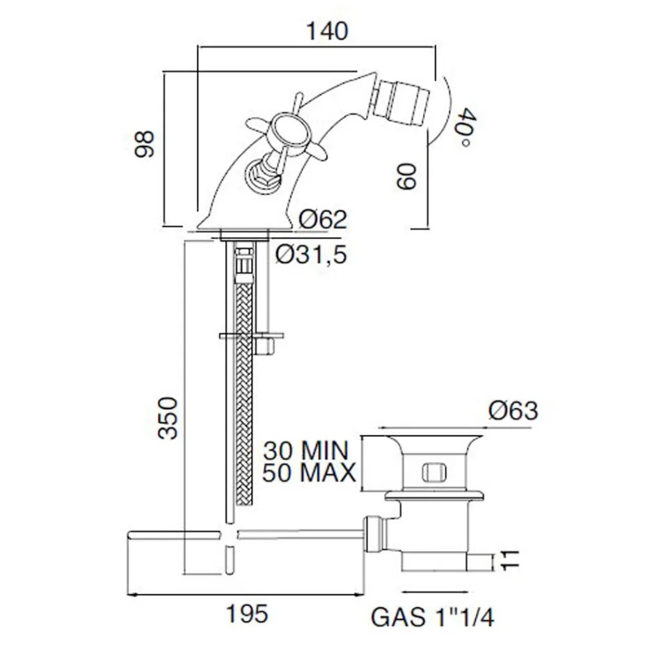 Single Hole Classic Bidet Tap in Brass and Butterfly Handles - Miriano Viadurini