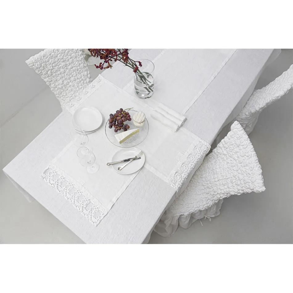 Linen Table Runner with White Lace Italian Luxury Quality - Farnese Viadurini