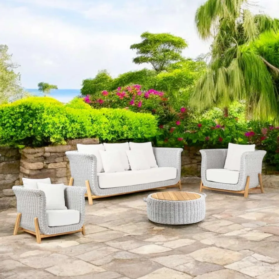 Modular Garden Lounge Set in Teak and Hand-Woven Rope - Arjuna Viadurini