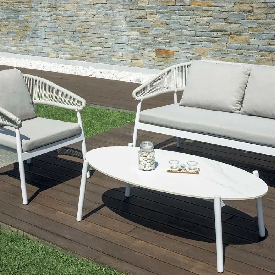 Outdoor Living Room with Rounded Cushions and Armrests - Zenith Viadurini