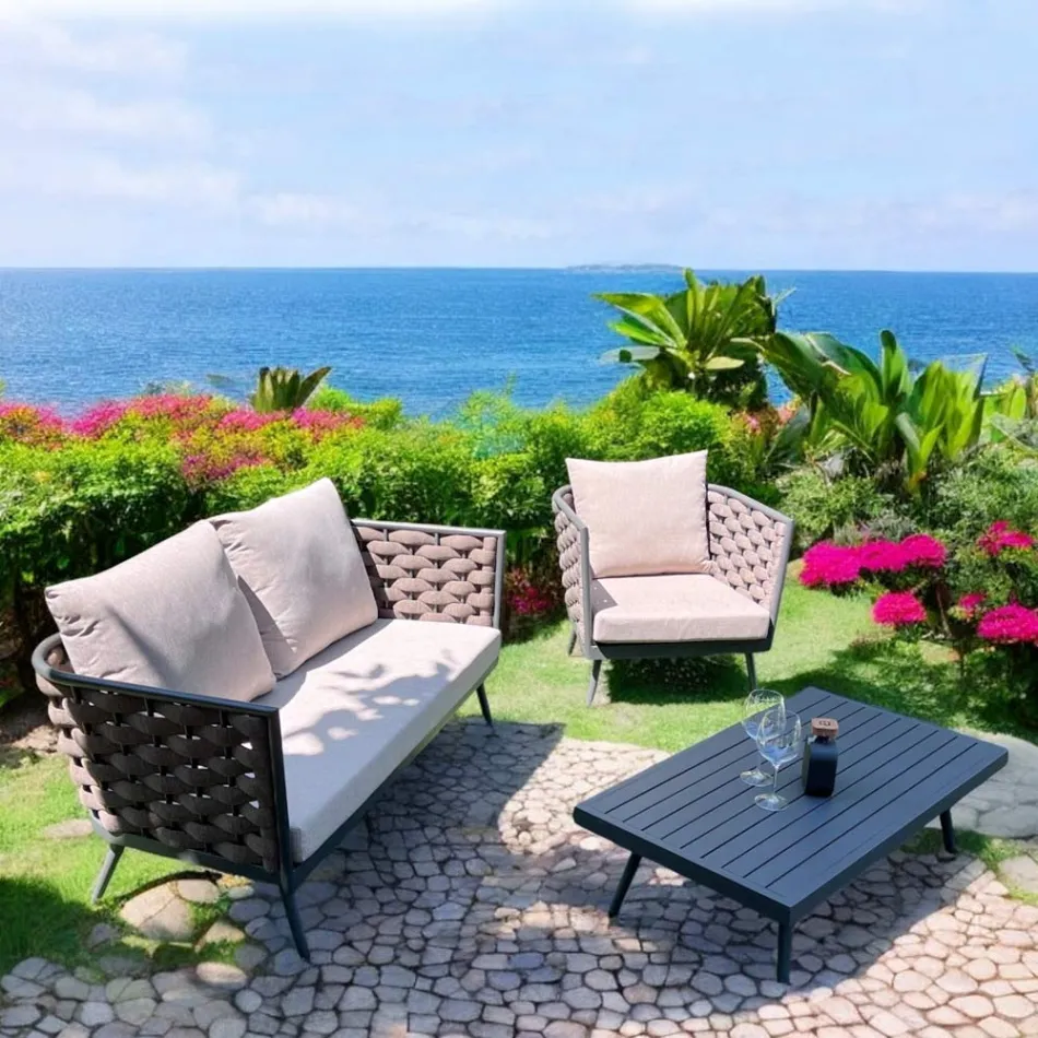 Outdoor Living Room with Sofa, Armchair and Rectangular Coffee Table - Dandelium Viadurini