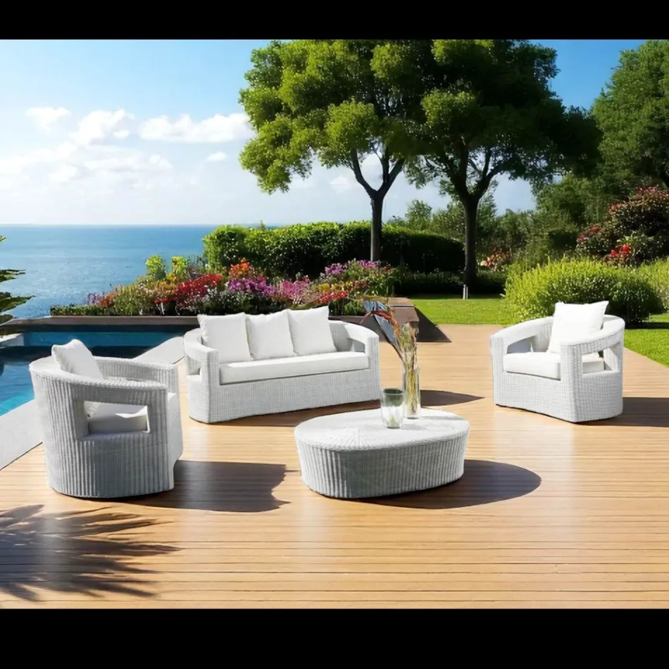 REHAU Outdoor Polyrattan Lounge Set and White Cushions - Charmix Viadurini