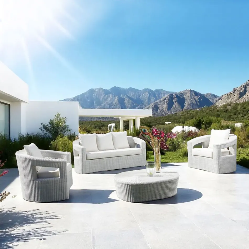 REHAU Brand Polyrattan Outdoor Lounge Set and White Cushions - Charmix Viadurini