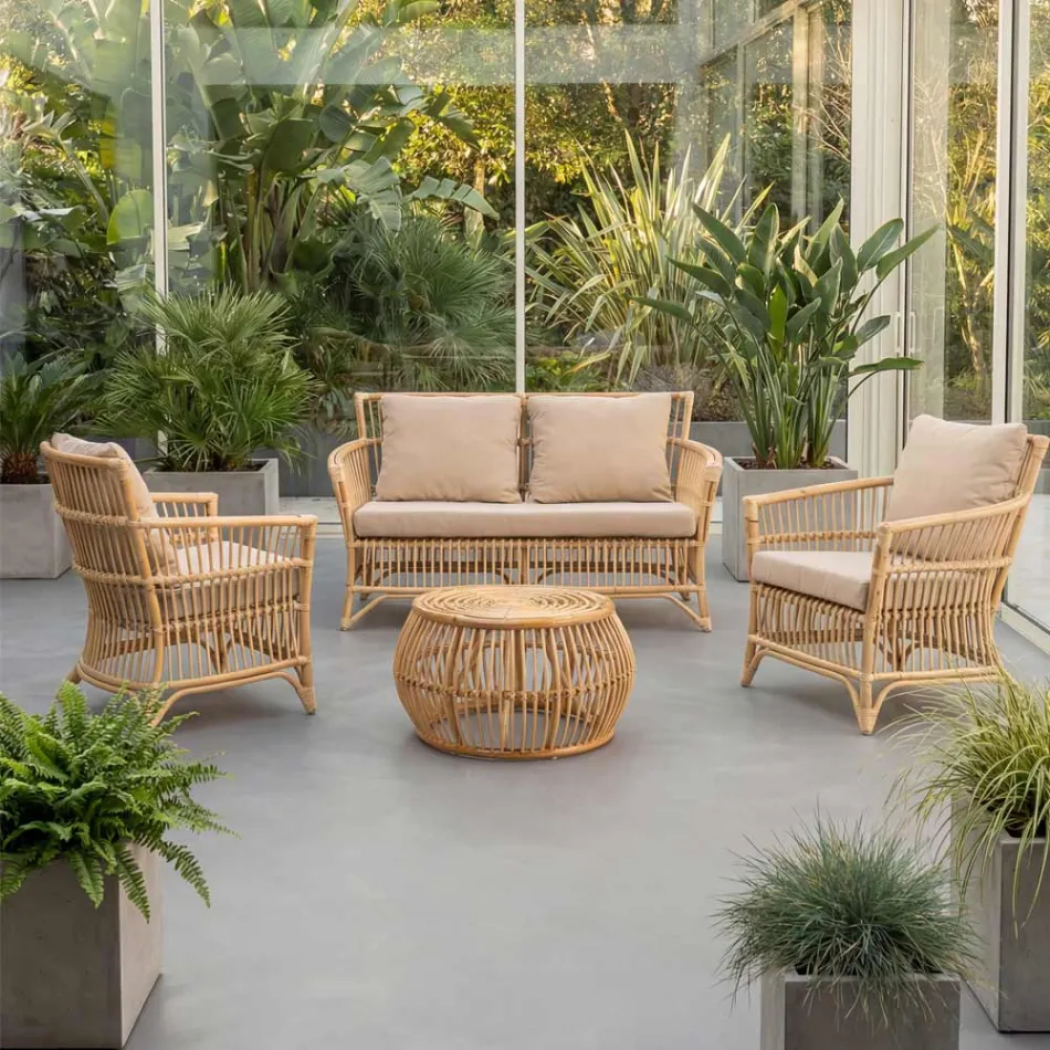 Outdoor Living Room in Natural Rattan Complete with Cushions - Bellaria Viadurini