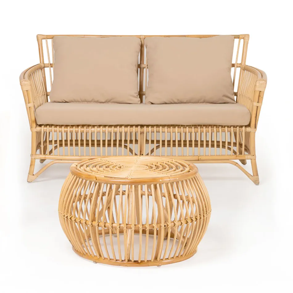Outdoor Living Room in Natural Rattan Complete with Cushions - Bellaria Viadurini