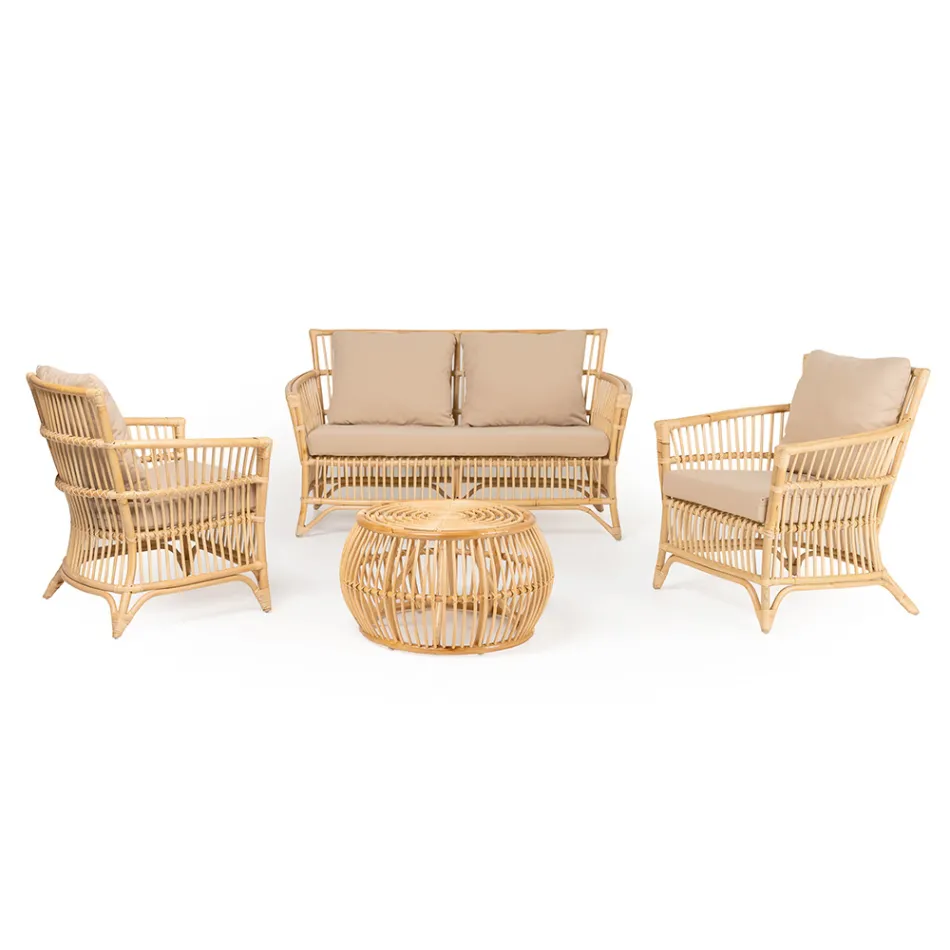Outdoor Living Room in Natural Rattan Complete with Cushions - Bellaria Viadurini