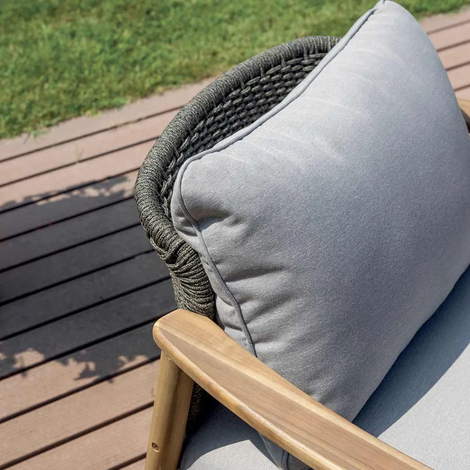 Rosira Acacia Wood Garden Lounge Set with Rope and Grey Cushions Viadurini