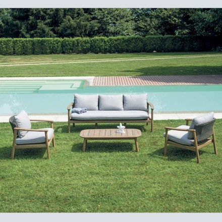 Rosira Acacia Wood Garden Lounge Set with Rope and Grey Cushions Viadurini