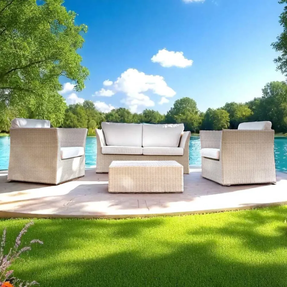 REHAU Polyrattan Garden Lounge Set and White Cushions - Pepe Viadurini
