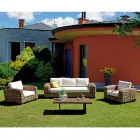 Rattan Garden Lounge with Wooden Coffee Table and Cushions - Hugues Viadurini