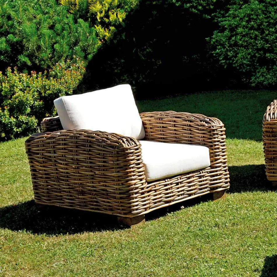 Rattan Garden Lounge with Wooden Coffee Table and Cushions - Hugues Viadurini