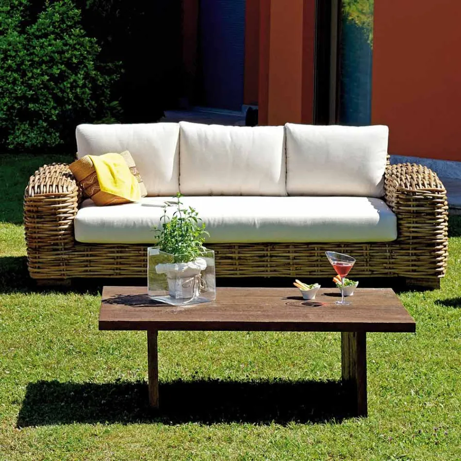 Rattan Garden Lounge with Wooden Coffee Table and Cushions - Hugues Viadurini