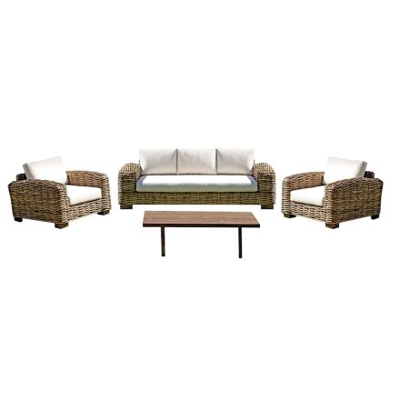 Rattan Garden Lounge with Wooden Coffee Table and Cushions - Hugues Viadurini