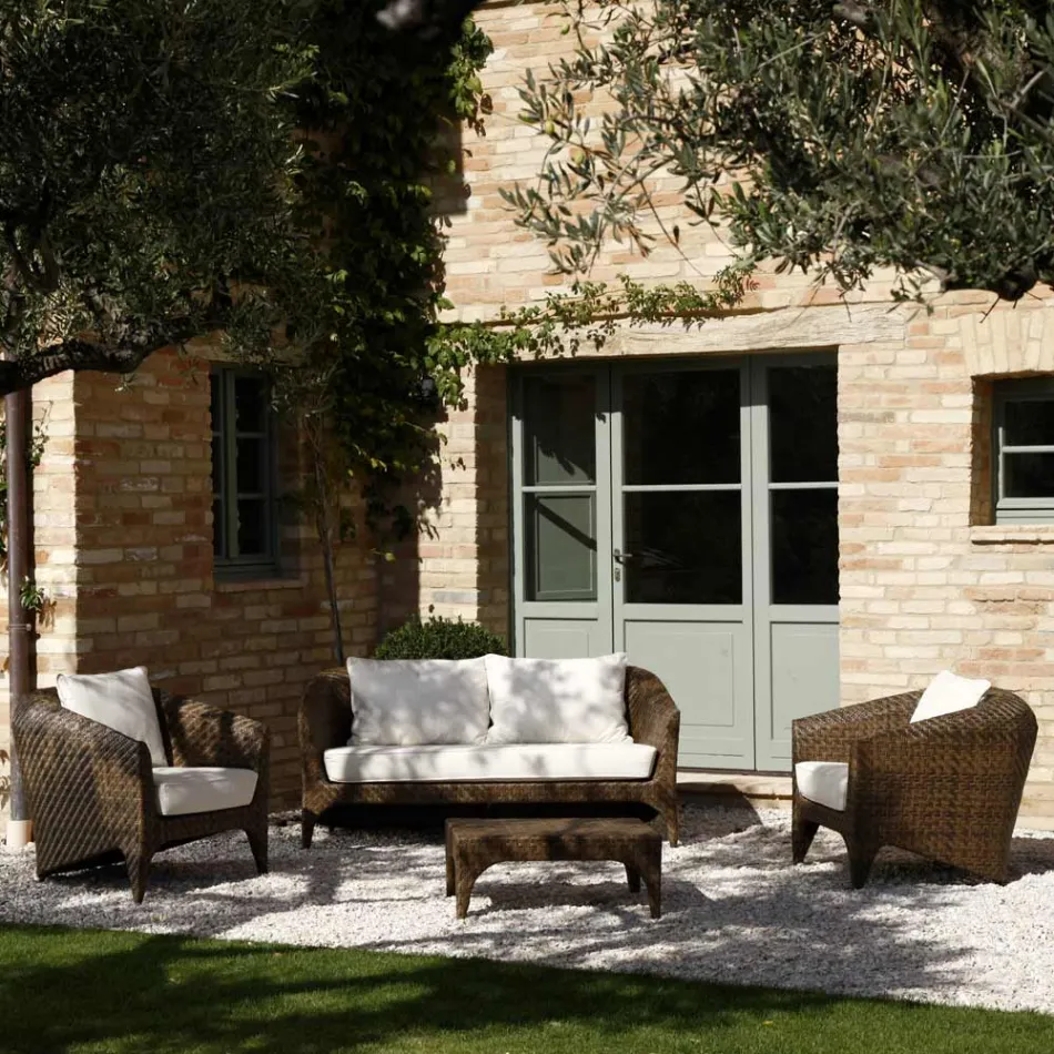 Polyrattan Living Room Brand REHAU in Different Finishes and White Cushions - Madness Viadurini