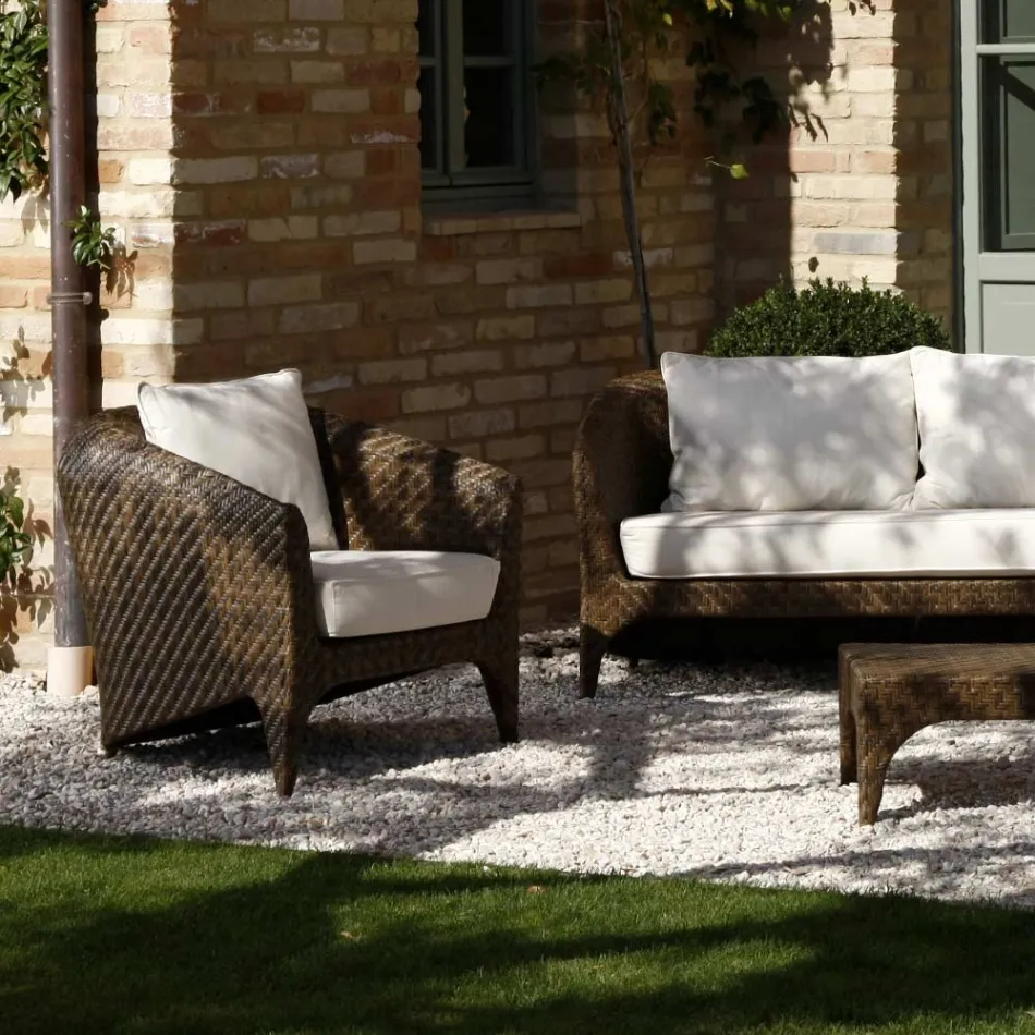 Polyrattan Living Room Brand REHAU in Different Finishes and White Cushions - Madness Viadurini