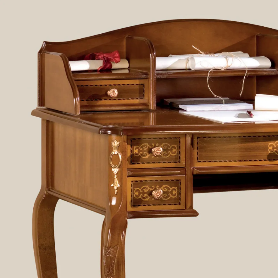 Desk 7 Drawers Walnut Wood with Inlays Made in Italy - Katerine Viadurini