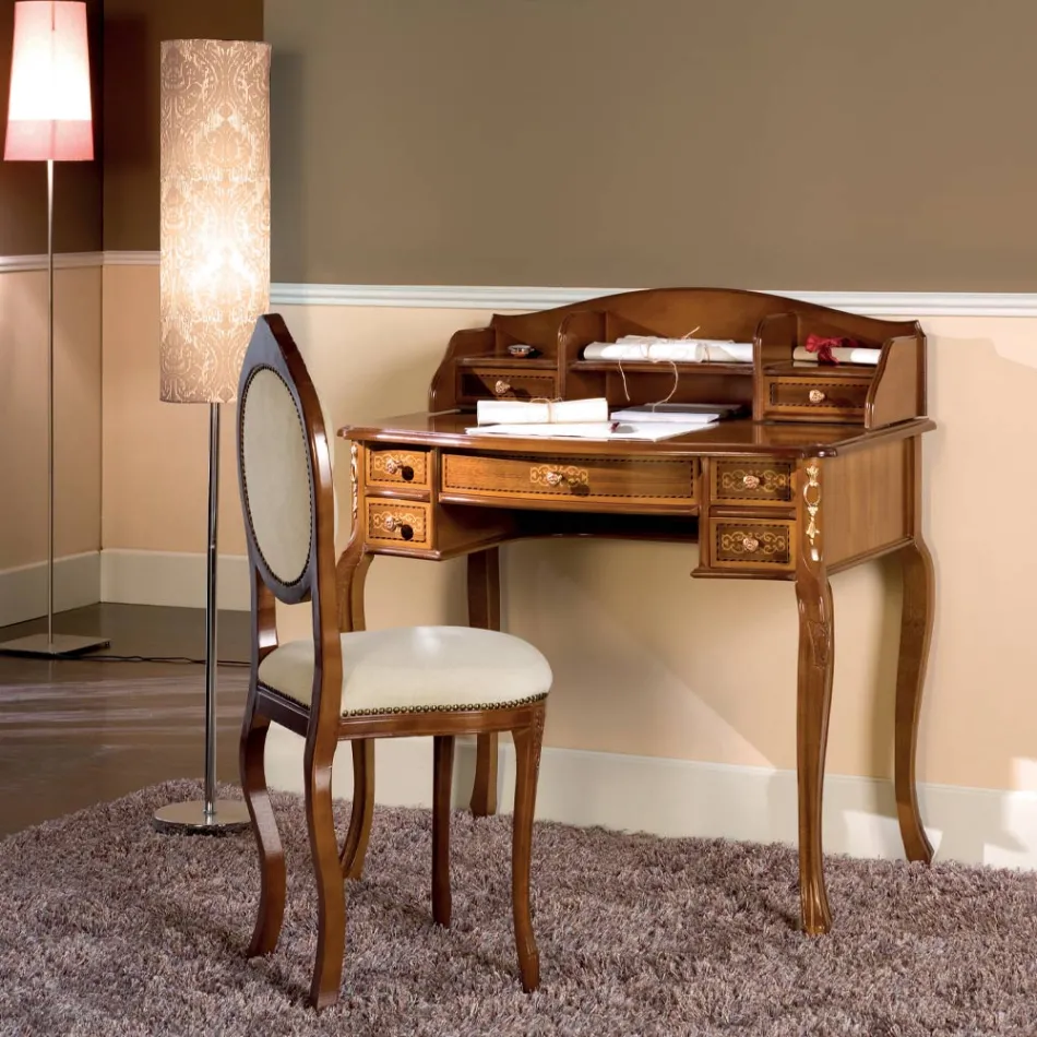 Desk 7 Drawers Walnut Wood with Inlays Made in Italy - Katerine Viadurini