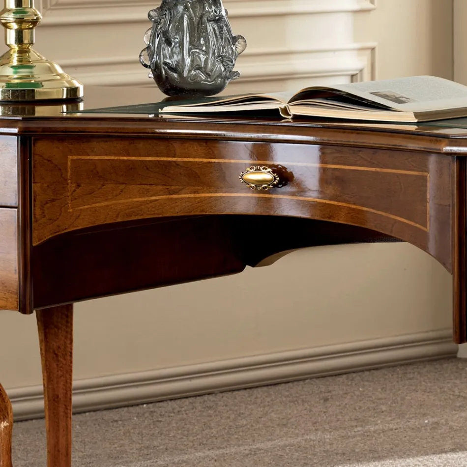 Classic Desk 5 Drawers in Wood and Ecoleather Made in Italy - Commodo Viadurini