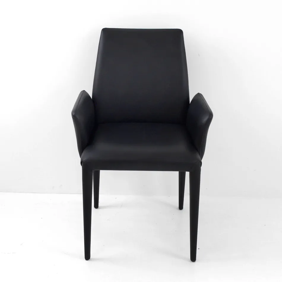 Dining Chair with Armrests Upholstered in Black Leather Made in Italy - Meyer Viadurini
