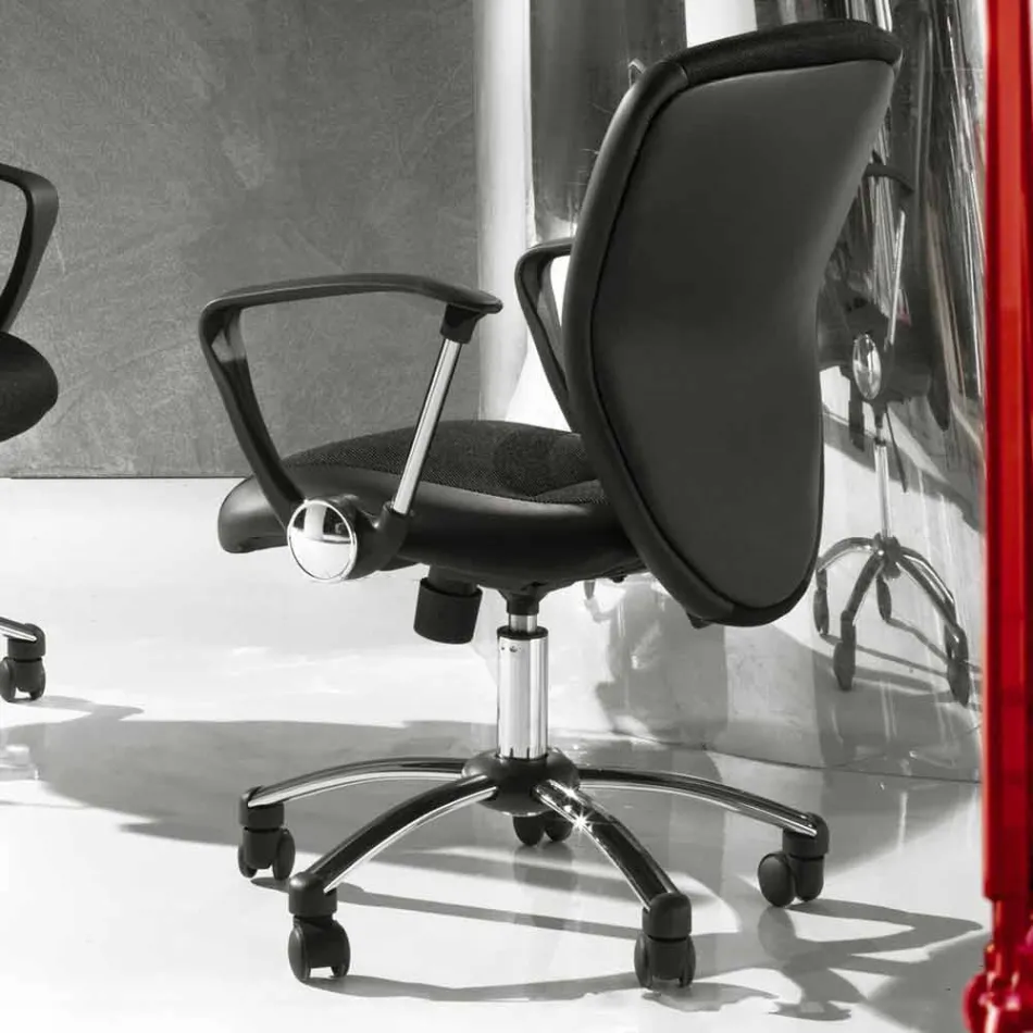 Office Chair with Swivel Wheels in Black Ecoleather and Metal - Amarilda Viadurini