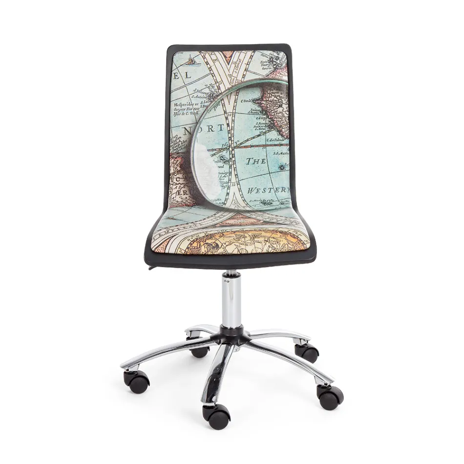 Swivel Office Chair in Steel and Eco-leather with Map Print - Lollo Viadurini