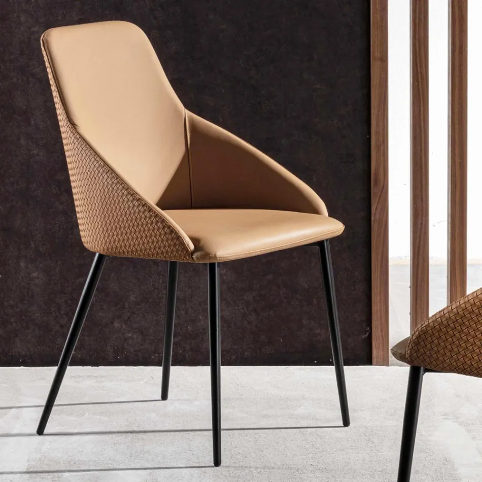 Eco-leather Chair with Decorated Back and Black Metal Base, 2 Pieces - Nima Viadurini