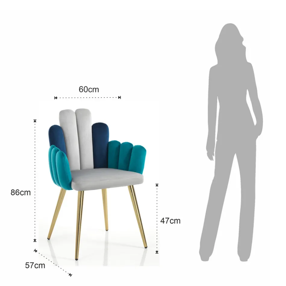 Chair in Grey, Green and Blue Velvet Effect Fabric - Watermelon Viadurini