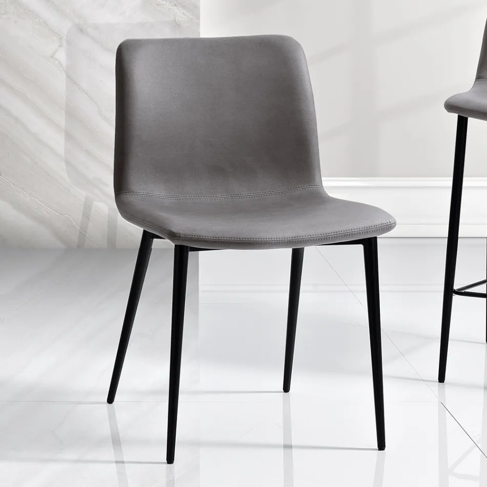 Chair in Leather Effect Fiber Fabric and Metal Legs Made in Italy - Amane Viadurini