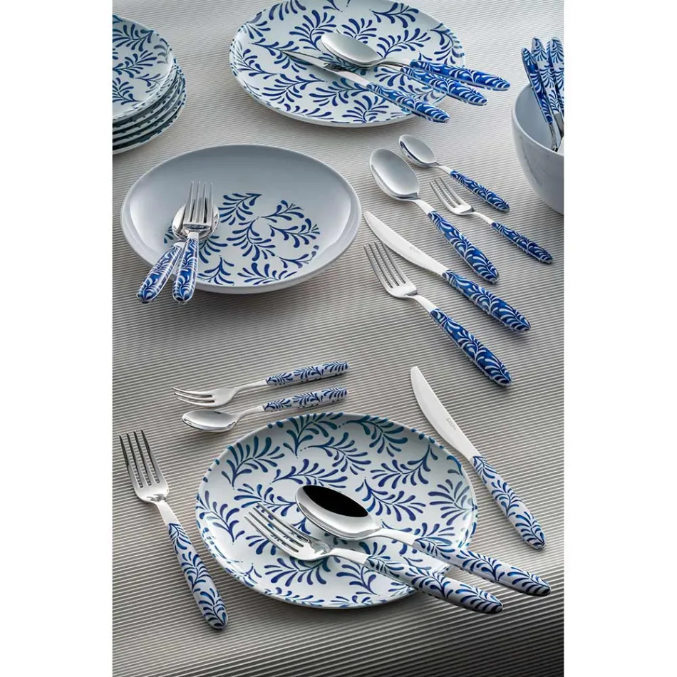 Steel and Plastic Cutlery Set Blue or White Decoration 24 Pcs - Alessandra Viadurini