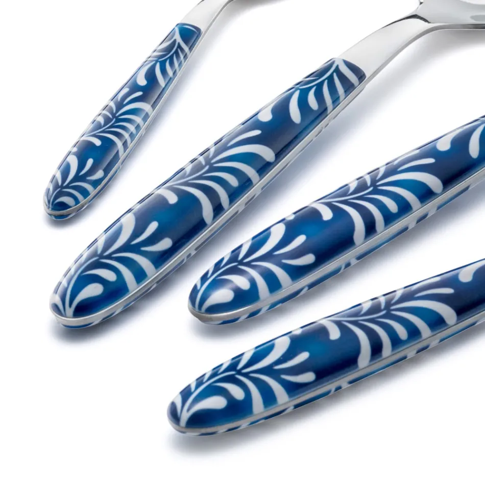 Steel and Plastic Cutlery Set Blue or White Decoration 24 Pcs - Alessandra Viadurini