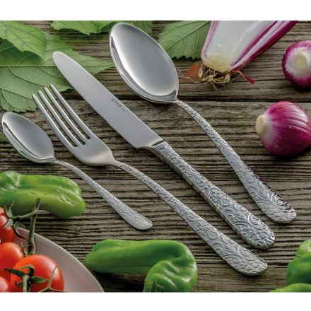 Set of 24 cutlery in polished steel with engraving Made in Italy - Nara Viadurini