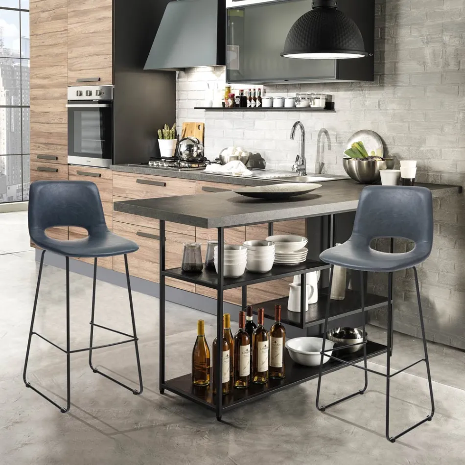 High Kitchen Stool in Synthetic Leather and Black Metal 2 Pieces - Yuri Viadurini