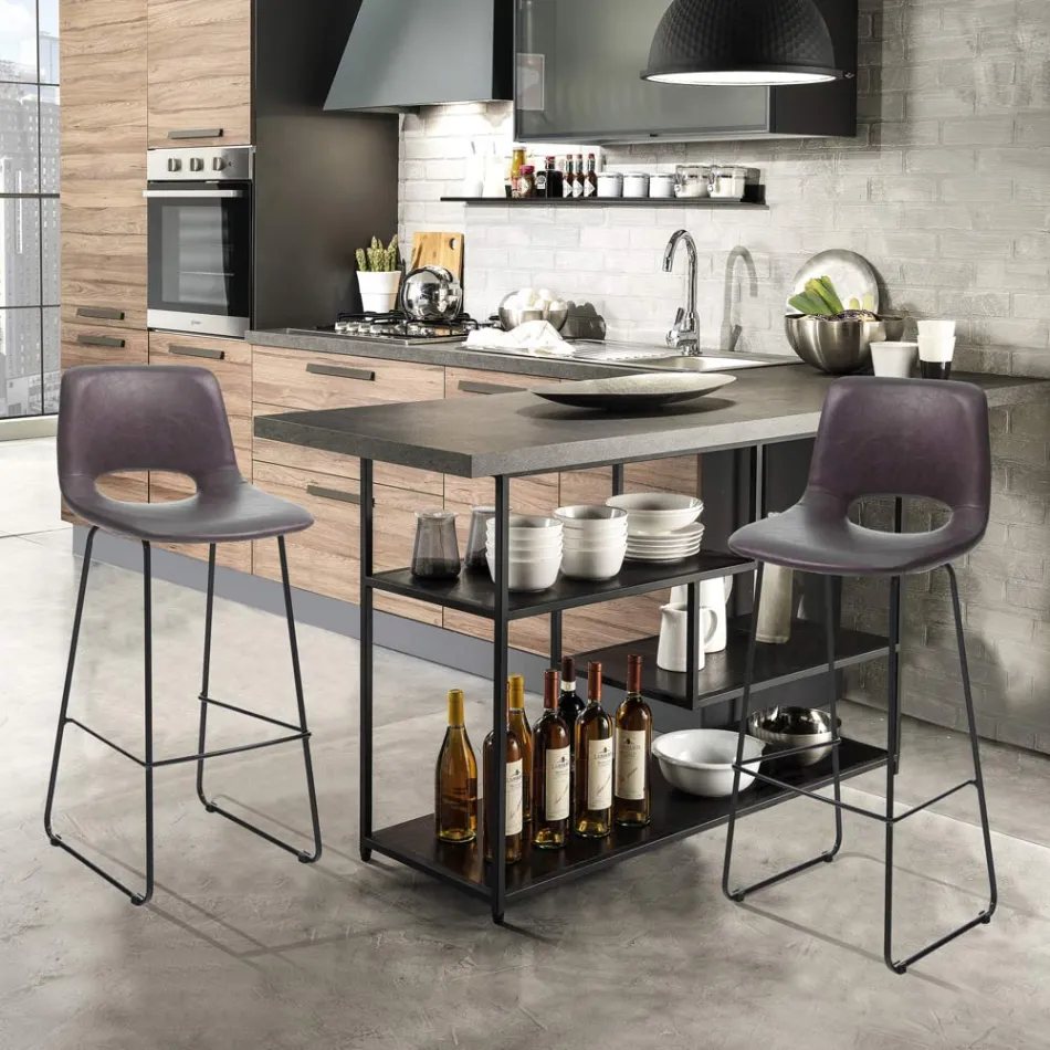 High Kitchen Stool in Synthetic Leather and Black Metal 2 Pieces - Yuri Viadurini