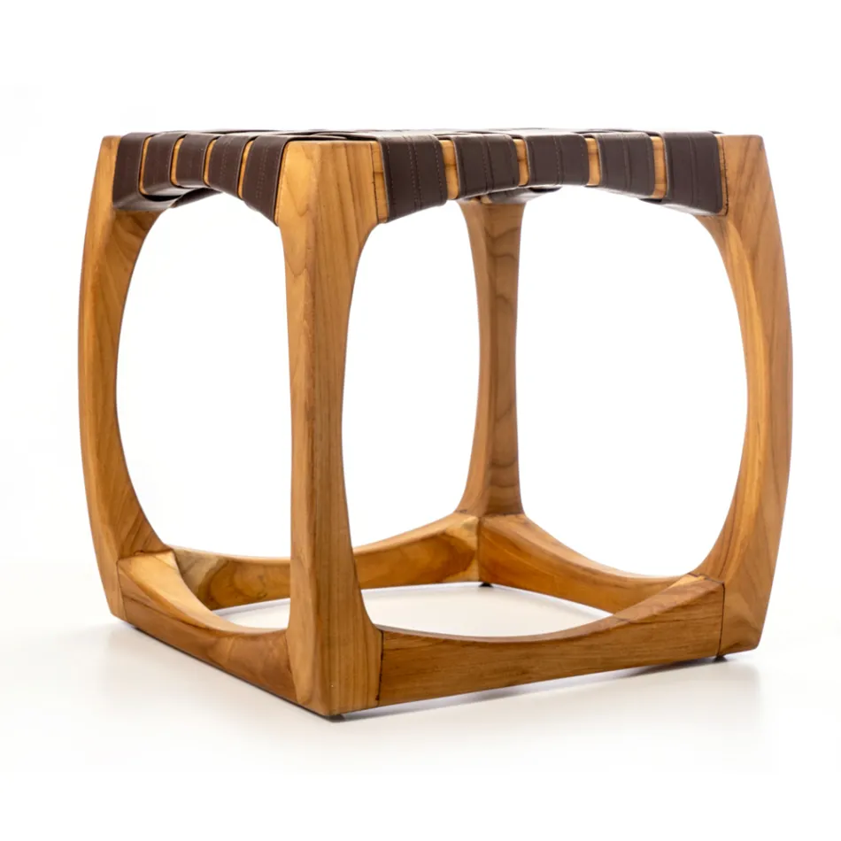 Designer Bathroom Stool Made of Teak with Woven Seat - Yucca Viadurini