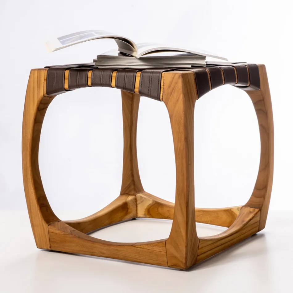 Designer Bathroom Stool Made of Teak with Woven Seat - Yucca Viadurini