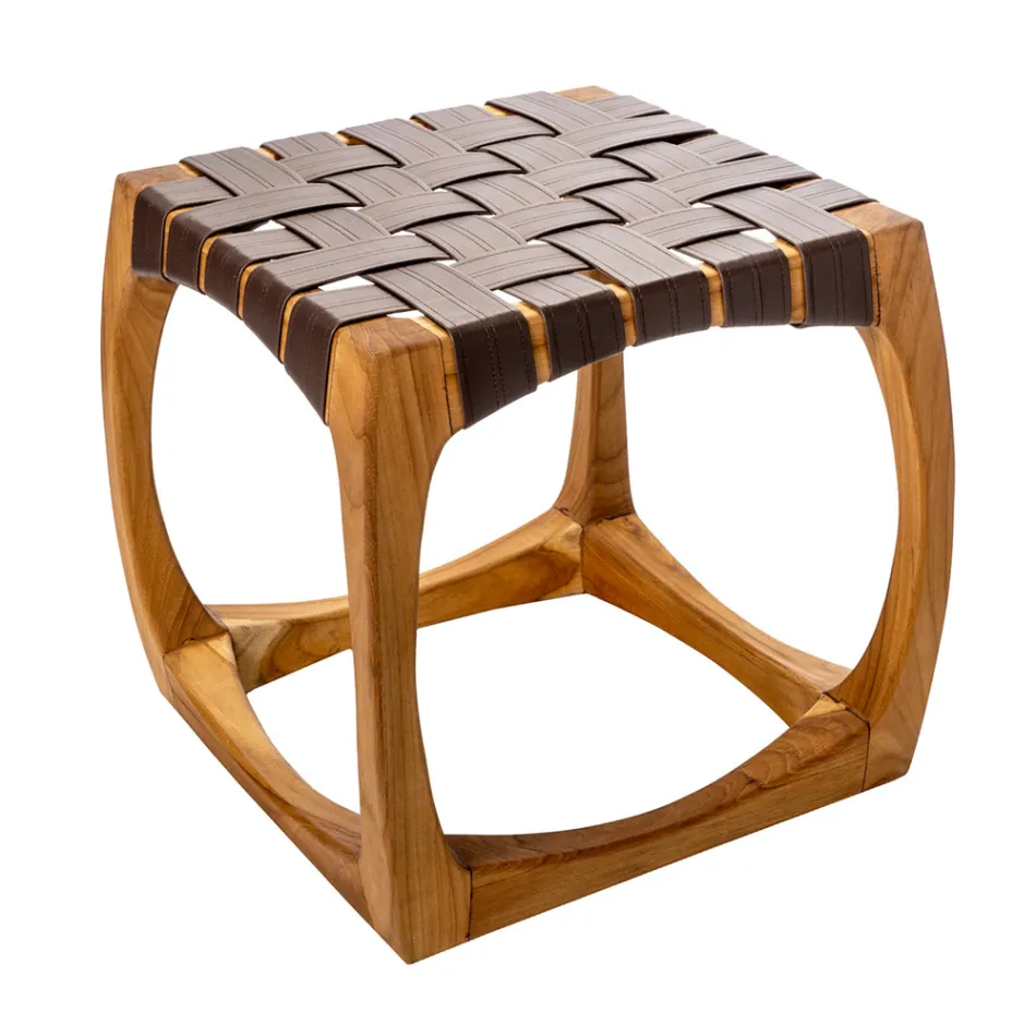 Designer Bathroom Stool Made of Teak with Woven Seat - Yucca Viadurini