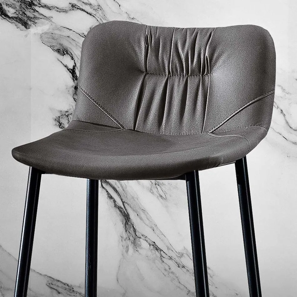 Stool in Leather Effect Fiber Fabric and Metal Made in Italy - Gohan Viadurini