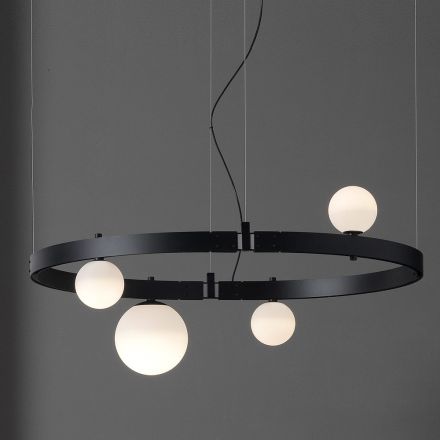 Oval Design Suspension in Black Aluminum with Spheres and Spotlights - Exodus Viadurini