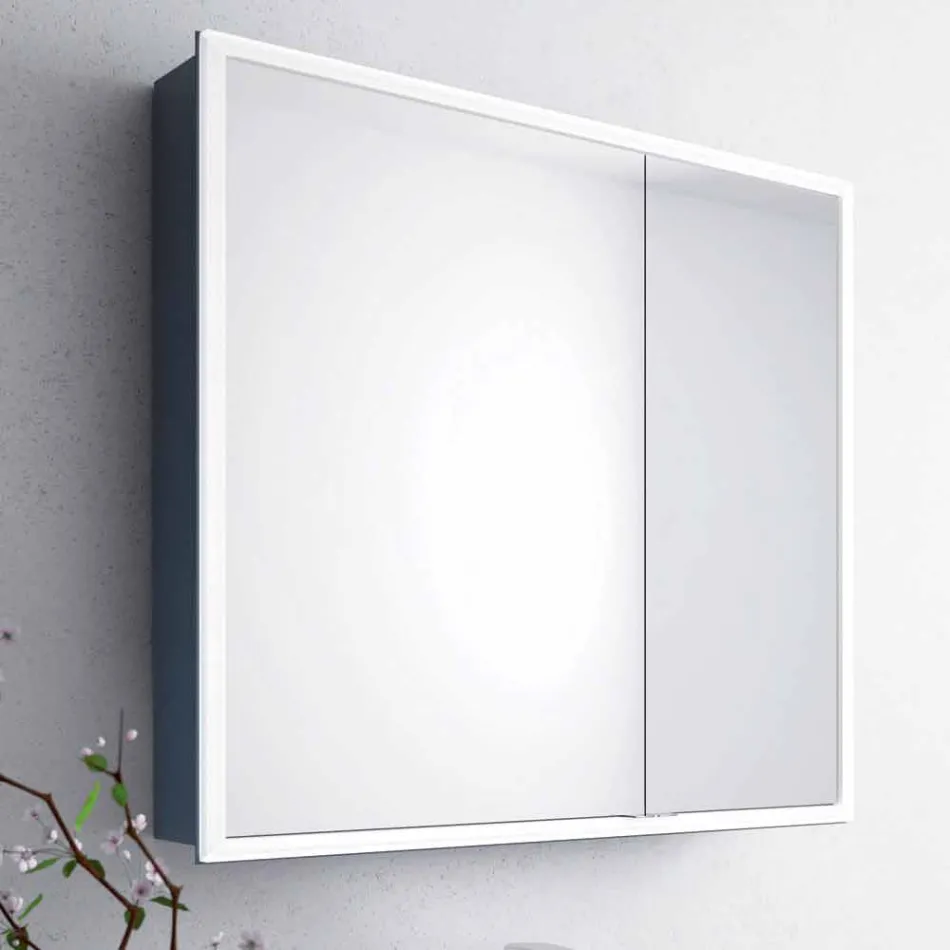 Wall-mounted mirror with 2 modern doors, LED lighting, Adele Viadurini