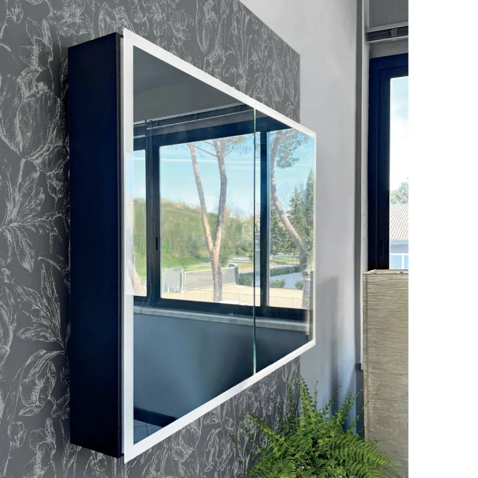 Wooden Mirror Container with Double Mirror and Lights Made in Italy - Darwin Viadurini