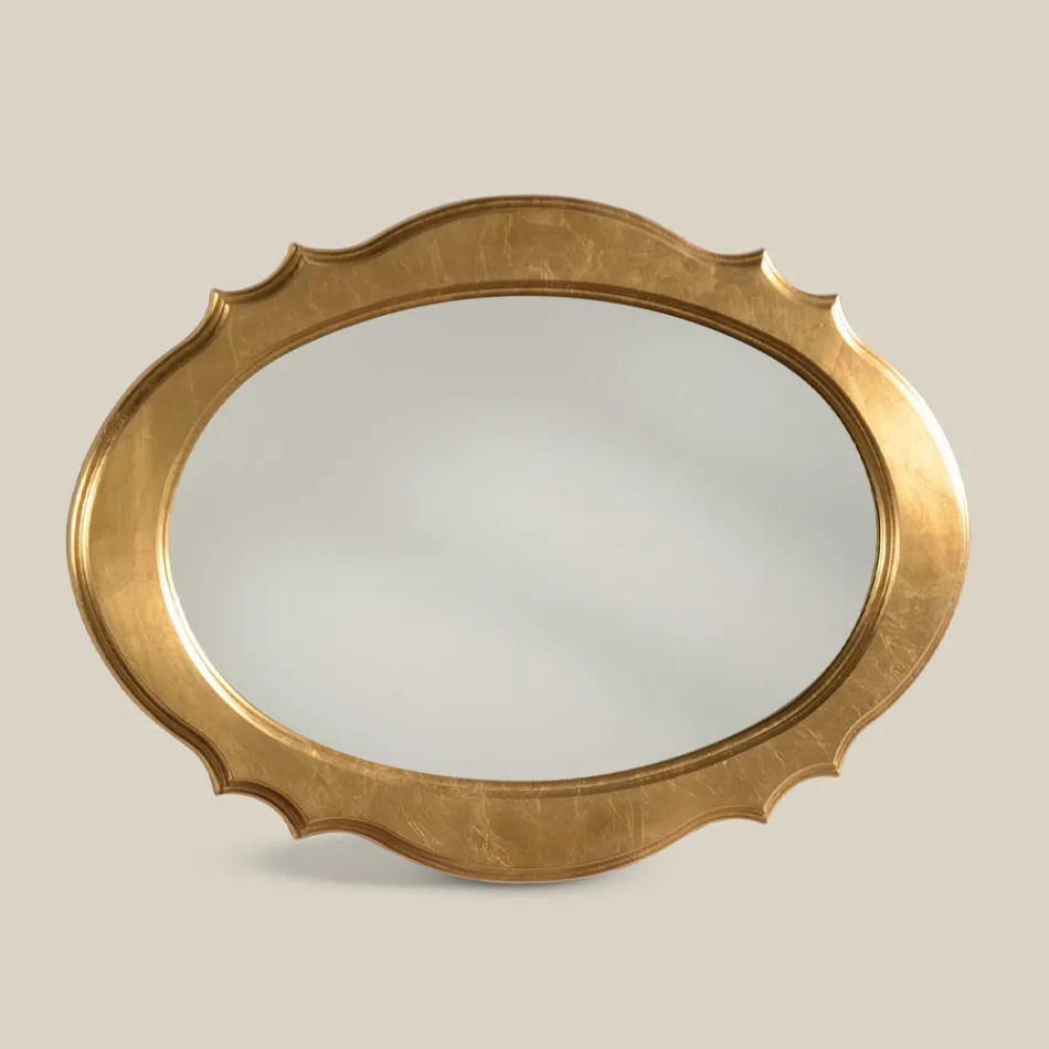 Oval Mirror with Gold Leaf Wood Frame Made in Italy - Florence Viadurini